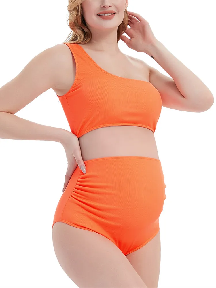 

Maternity Two Piece Swimsuit Sexy One Shoulder Pregnancy Women Bathing Suits Ruched High Waist Bikini with Bottom