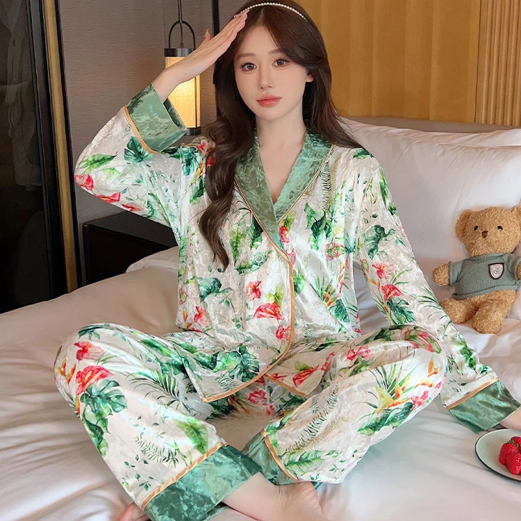 

Осенне-зимний женский пижамный комплект из 2 предметов, бархатная одежда для сна, ночная рубашка, кружевной Пижамный костюм, Повседневная рубашка и брюки, велюровая домашняя одежда