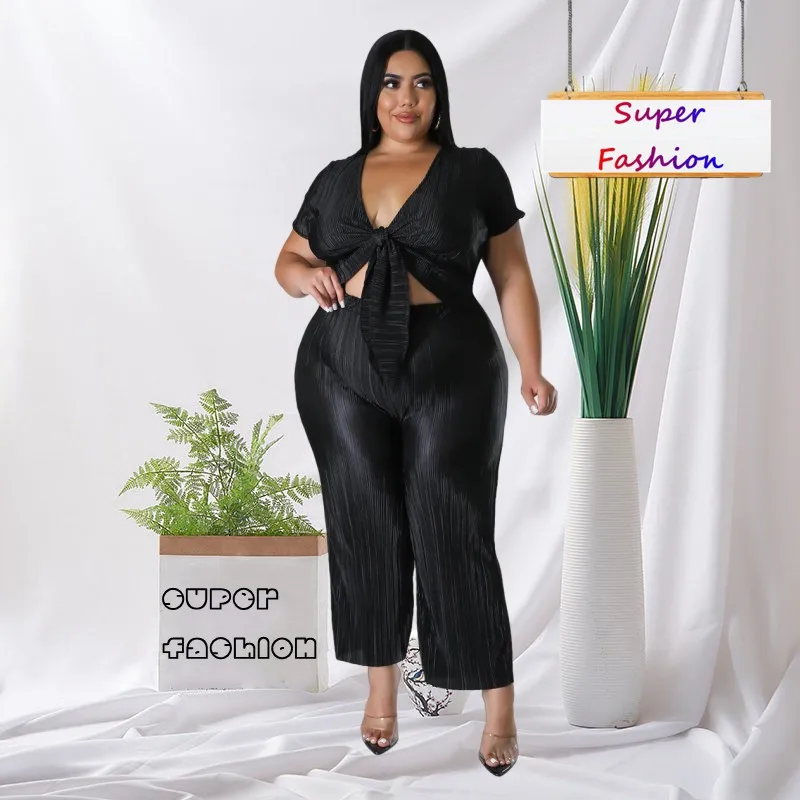 

WSFEC L-4XL 2023 Летний Новый Модный плиссированный бандажный топ с коротким рукавом и брюки, сексуальный женский костюм из двух предметов, женская одежда