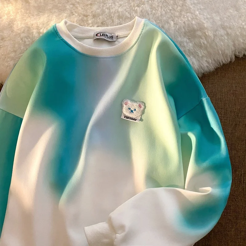 

Chic Tie Dye White Sweatshirt Women Bear Head Embroidery Korean Fashion Tops 2021 Autumn New Long Sleeve Student Teens Clothes