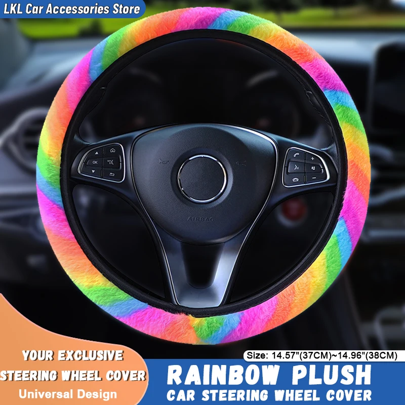 Car Steering Wheel Cover 38CM Universal Seven Colors Rainbow Plush Soft Fluffy Warm Styling Ladies Auto Accessories Interior