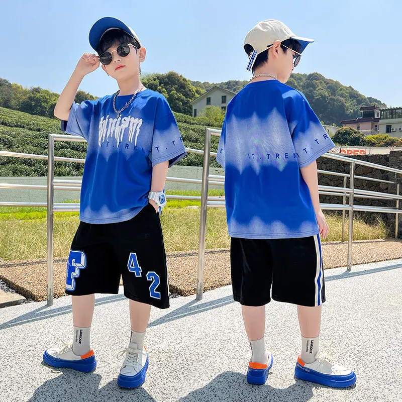Big Boys Summer Tie-Dye Clothing Suits 4-14 Years Kids Teenager Cotton Letter Print Short Sleeve Tshirts+Shorts 2PC Clothes Sets