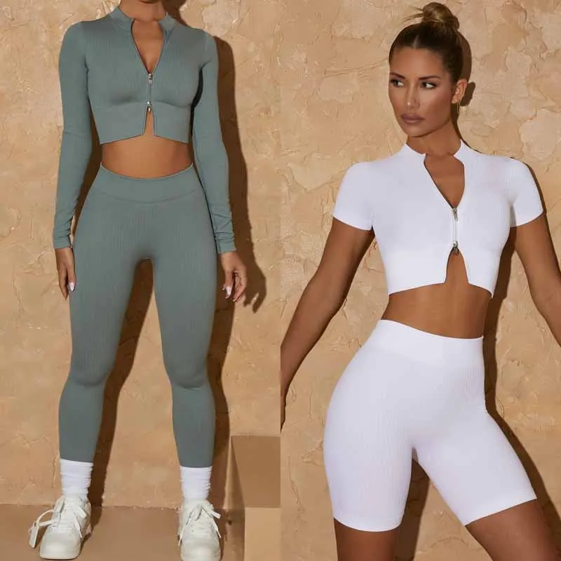 

Seamless Women Yoga Set Gym Bra Coat High Waist Running Leggings Sport Suit Fitness Crop Top Biker Shorts Workout Wear