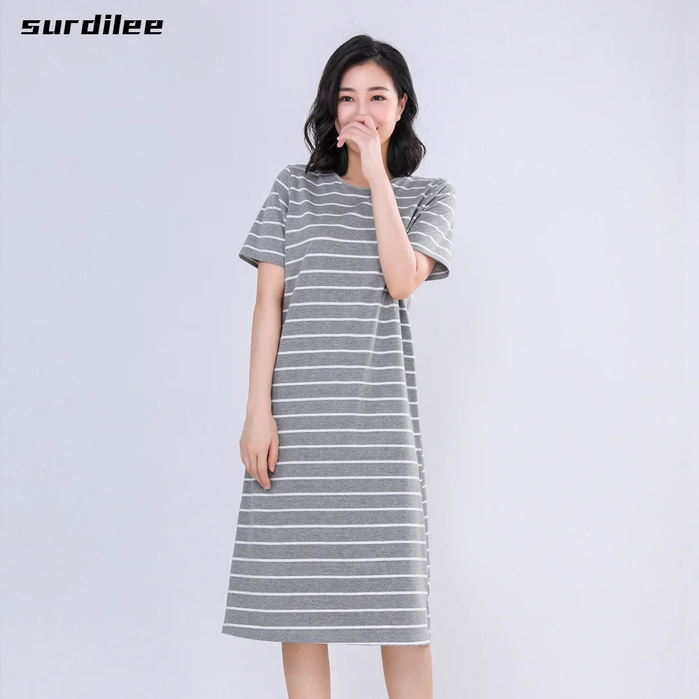 Spring Summer Women's Nightdress Striped Large Size Short Sleeve Loose Homewear Sexy Sleepwear Women Night Gown Nightwear