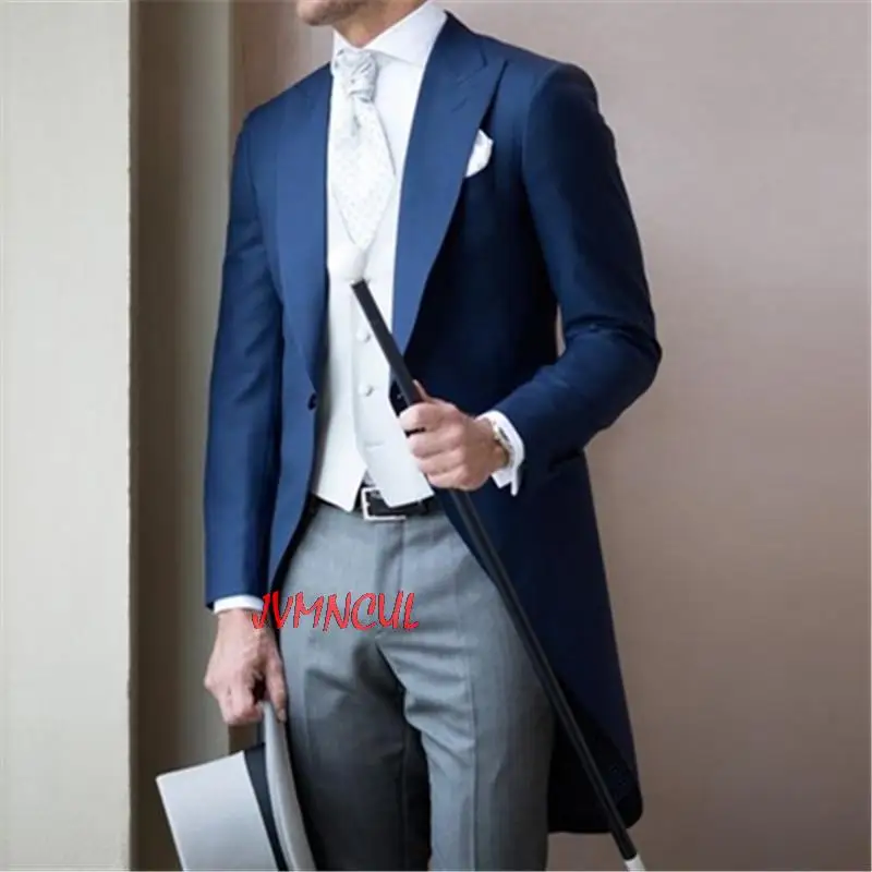 

Tailor Made Long Blue Coat Mens Suits Party Wedding Custom Made Tuxedos Terno Masculino Men Suit 3pieces(Jacket+Pant+Vest)