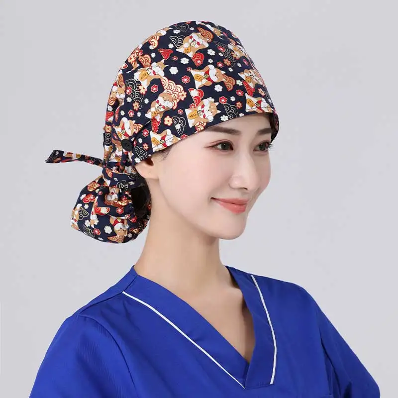 

Nurse Hats For Women Scrub Cap Adjustable Cartoon Animals Print Nurse Caps with Long Belt Bonnet Femme Cap шапка женская 2022