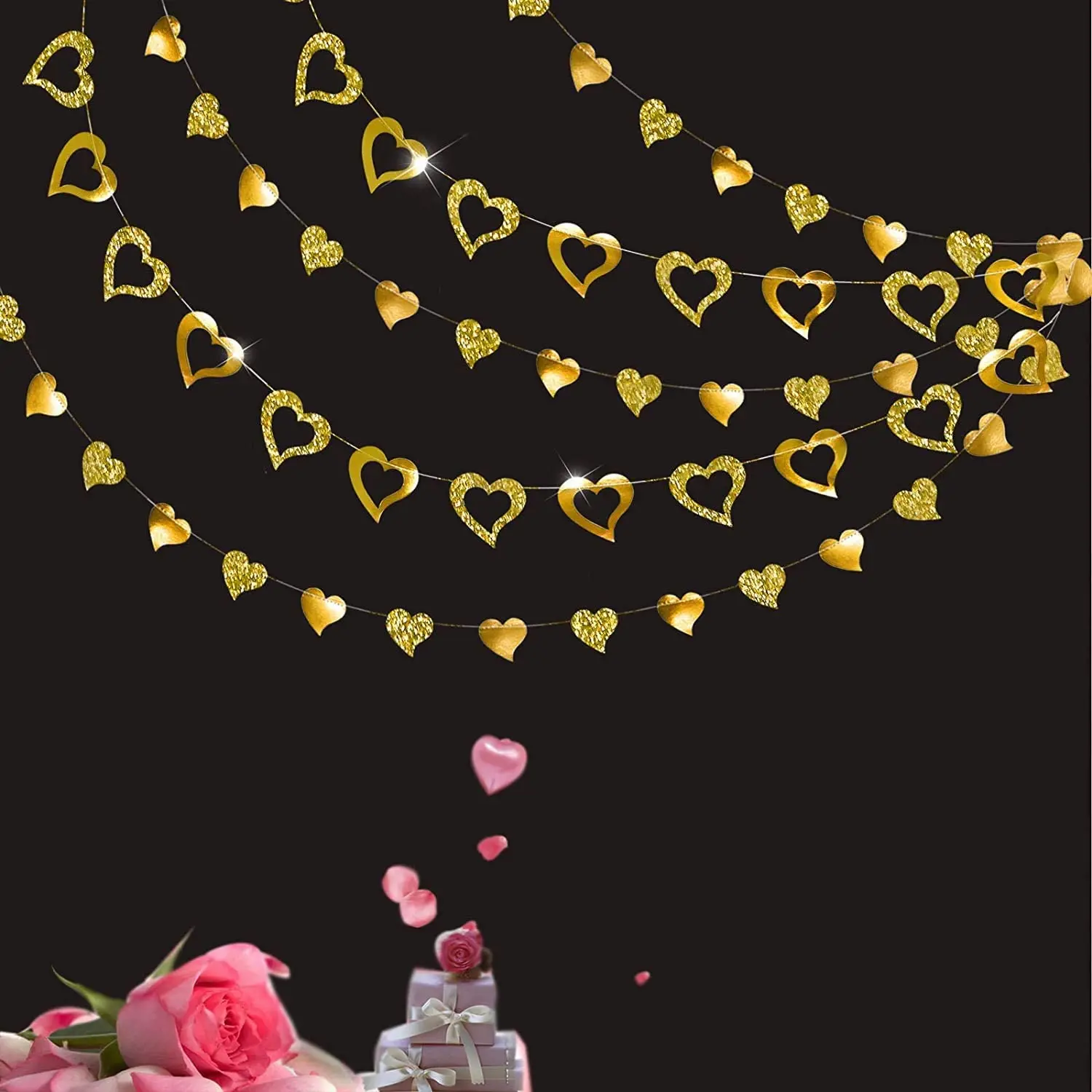 

New Gold Party Heart Garlands Glitter Paper Valentine's Day Decorations Love Heart Banner Wedding Hanging Anniversary Room Decor
