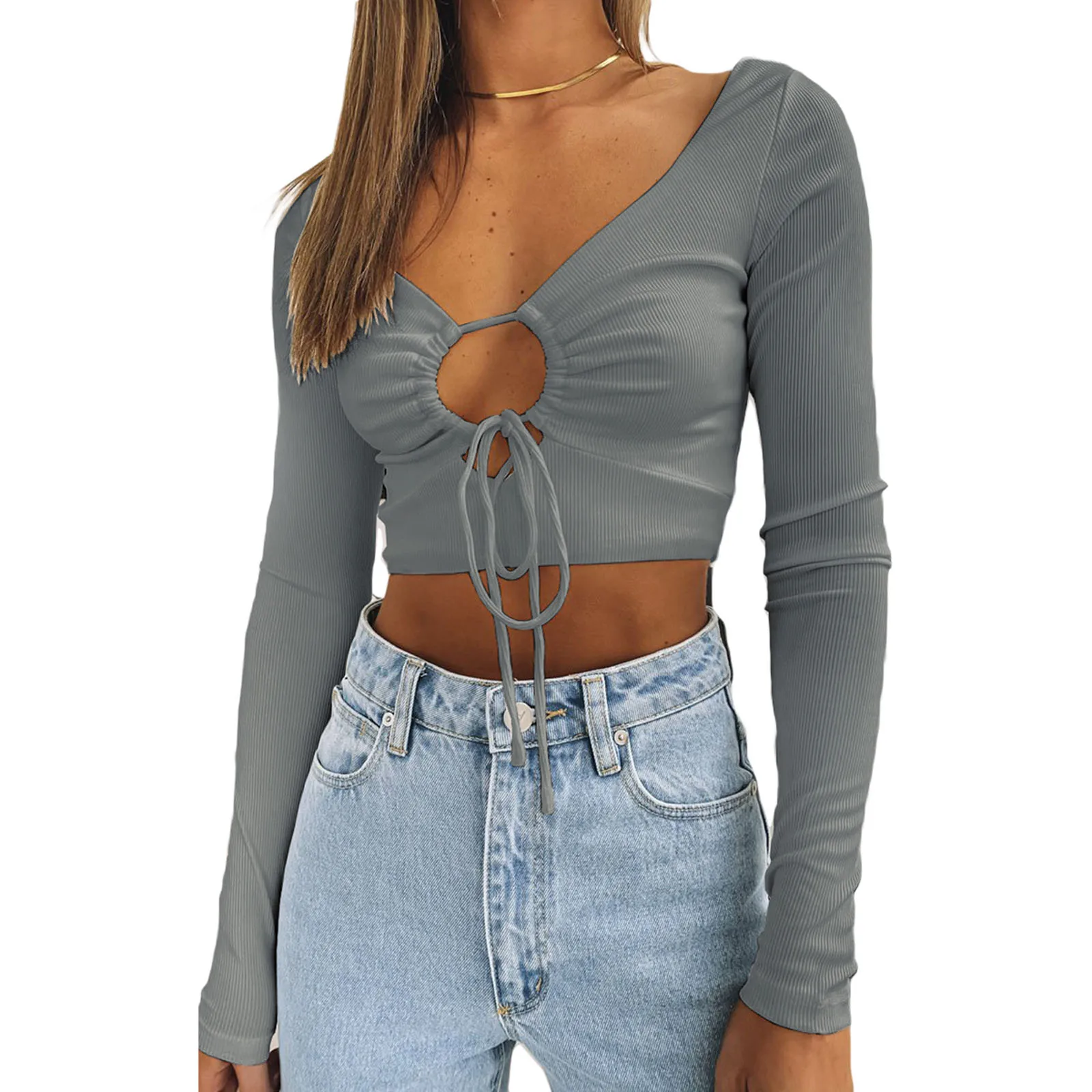 

Women Solid Color Pullover, Deep V-neck Long Sleeve Backless Crop Tops
