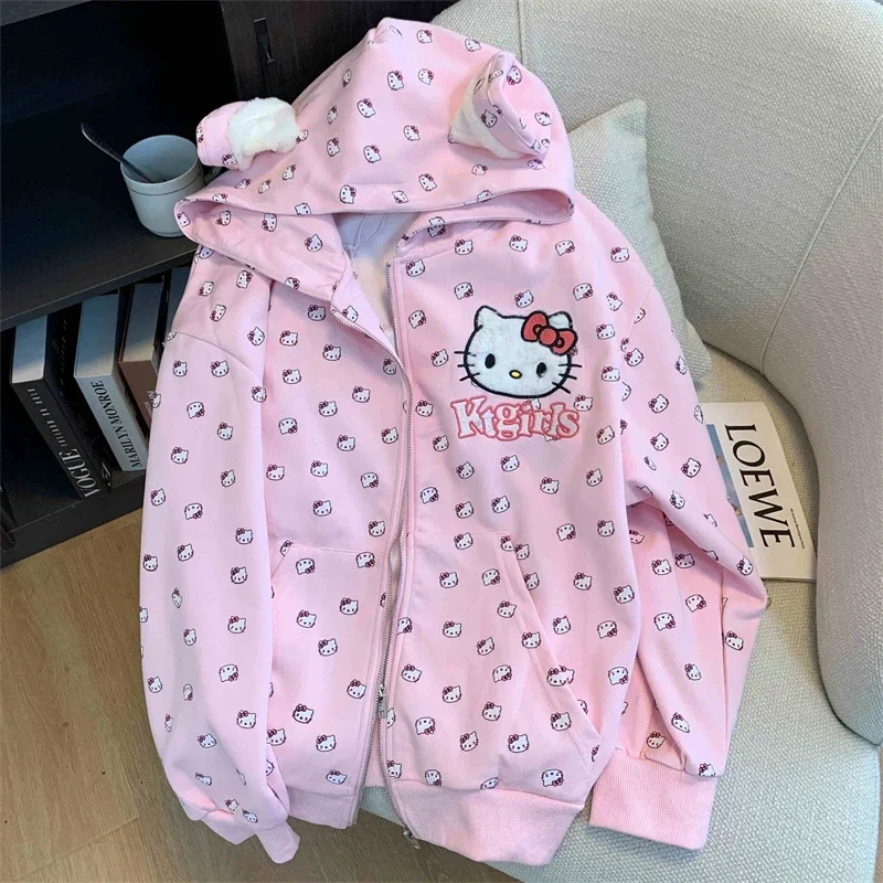 Hello Kitty 100% тяжелый хлопок весна-осень 2024 новая толстовка с капюшоном женская милая