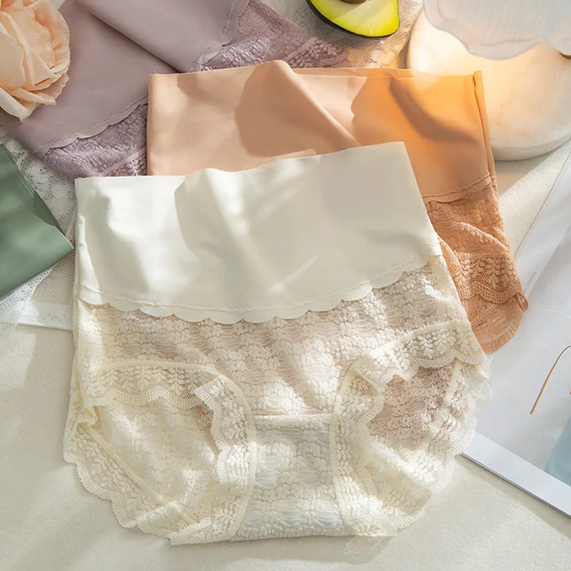 

Ice Silk High Waist Abdominal Pants Women's Sexy Lace Flower Edge Breathable Lightweight Traceless Summer Cotton Large Briefs
