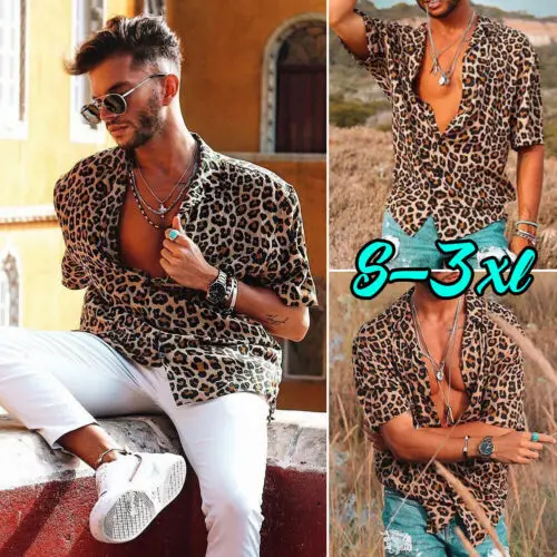 

Men's Leopard Buttoned Shirt Fashion Summer Short Sleeve Plus size Casual Shirts