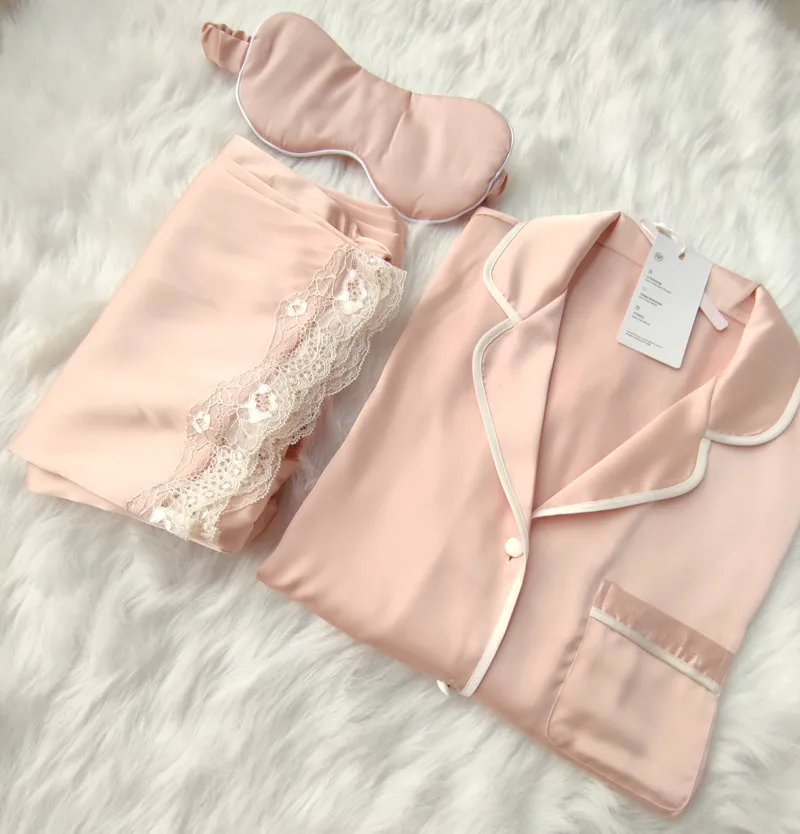 Lace Women Pajamas Set Solid Silk Like Korean Style Ladies Pyjama 2 Pcs With Pant Summer Spring Satin Pijama Suit For Female