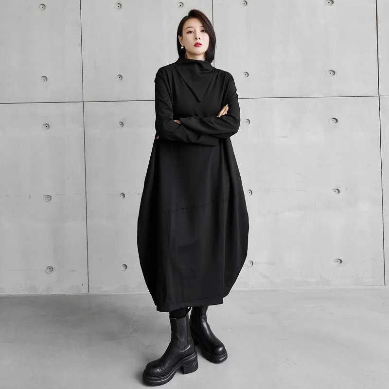 

SuperAen 2022 Осень Зима Нерегулярные Лоскутные повседневные свободные до колена однотонные водолазки ТРАПЕЦИЕВИДНОЕ платье для женщин