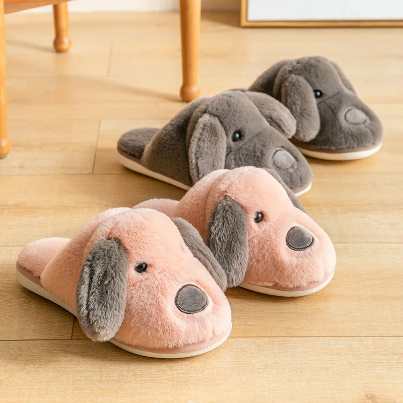 Winter Home Women Fur Slippers Soft Sole Cotton Shoes Cute Cartoon Puppy Bedroom Men Fluffy Slippers Couples Furry Shoes
