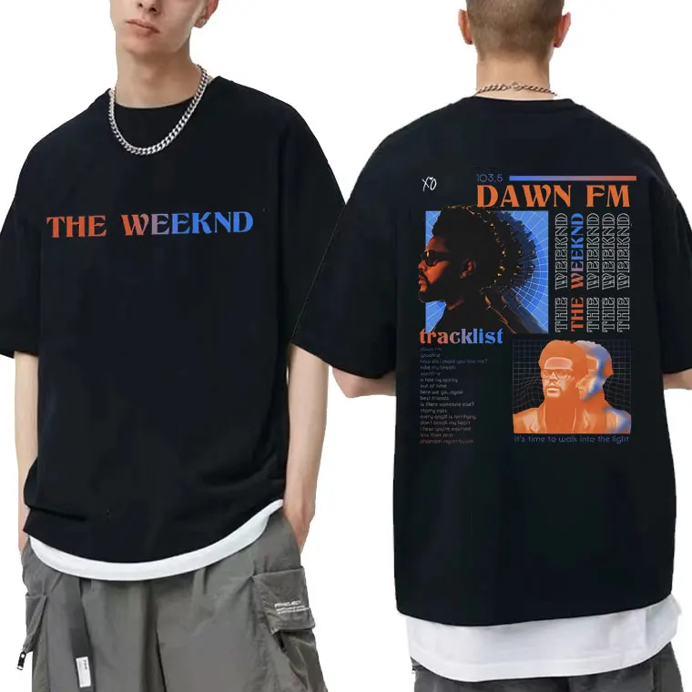 

The Weeknd Dawn FM Tracklist Double Sided Graphic Tshirt Men Women Fashion Black O Collar T-shirts Man Hip Hop Sweat Loose Tees
