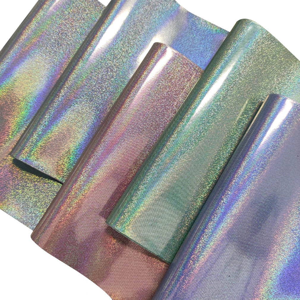 Rainbow Metallic Foiled Laser Holographic Faux Leather Glossy Fabric for Dress Clothes Bags Bows Canvas DIY Leatherette 30*135CM