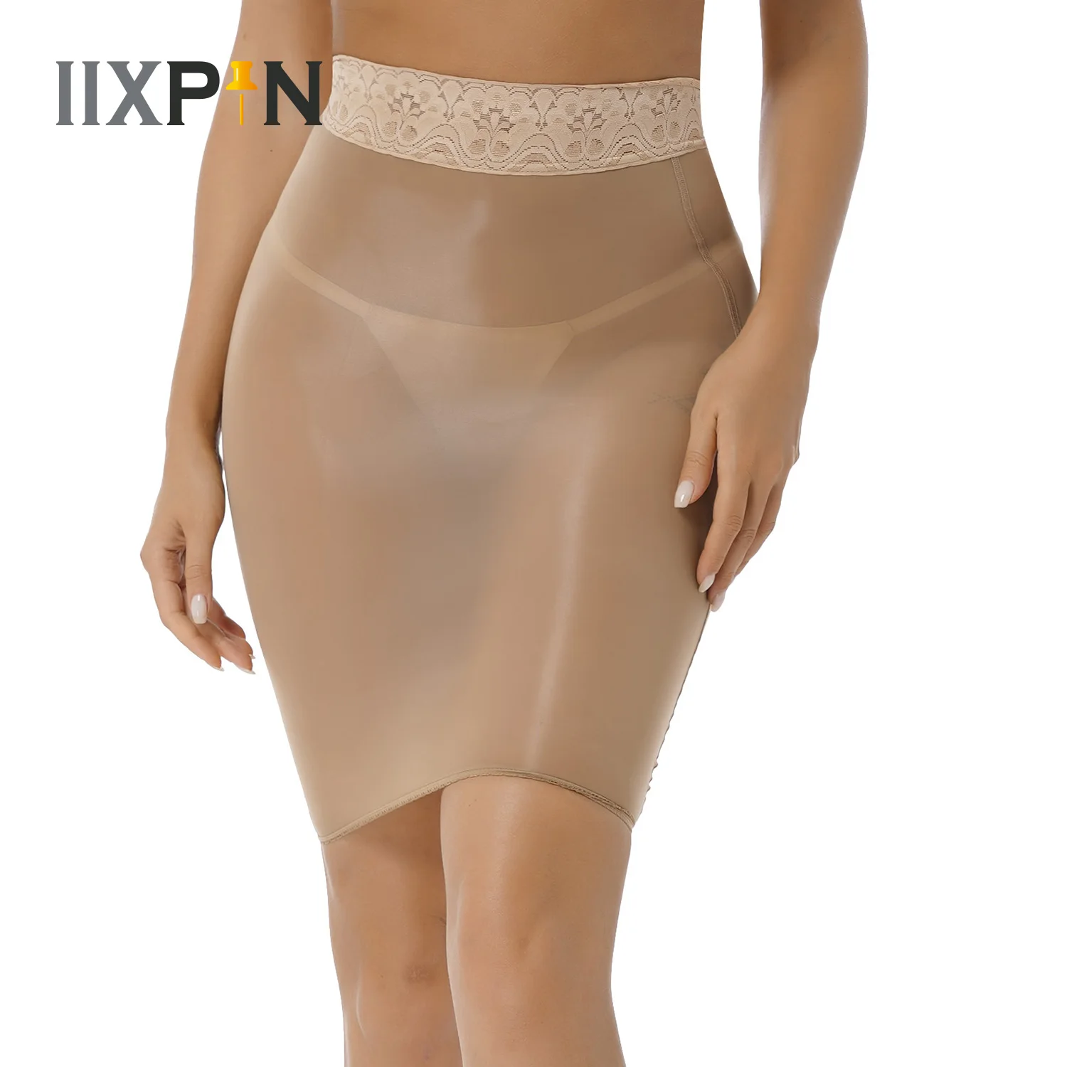 Skirt Womens Ladies Lace Patchwork High Waist Miniskirts Glossy Stretchy Semi See-through Skirts