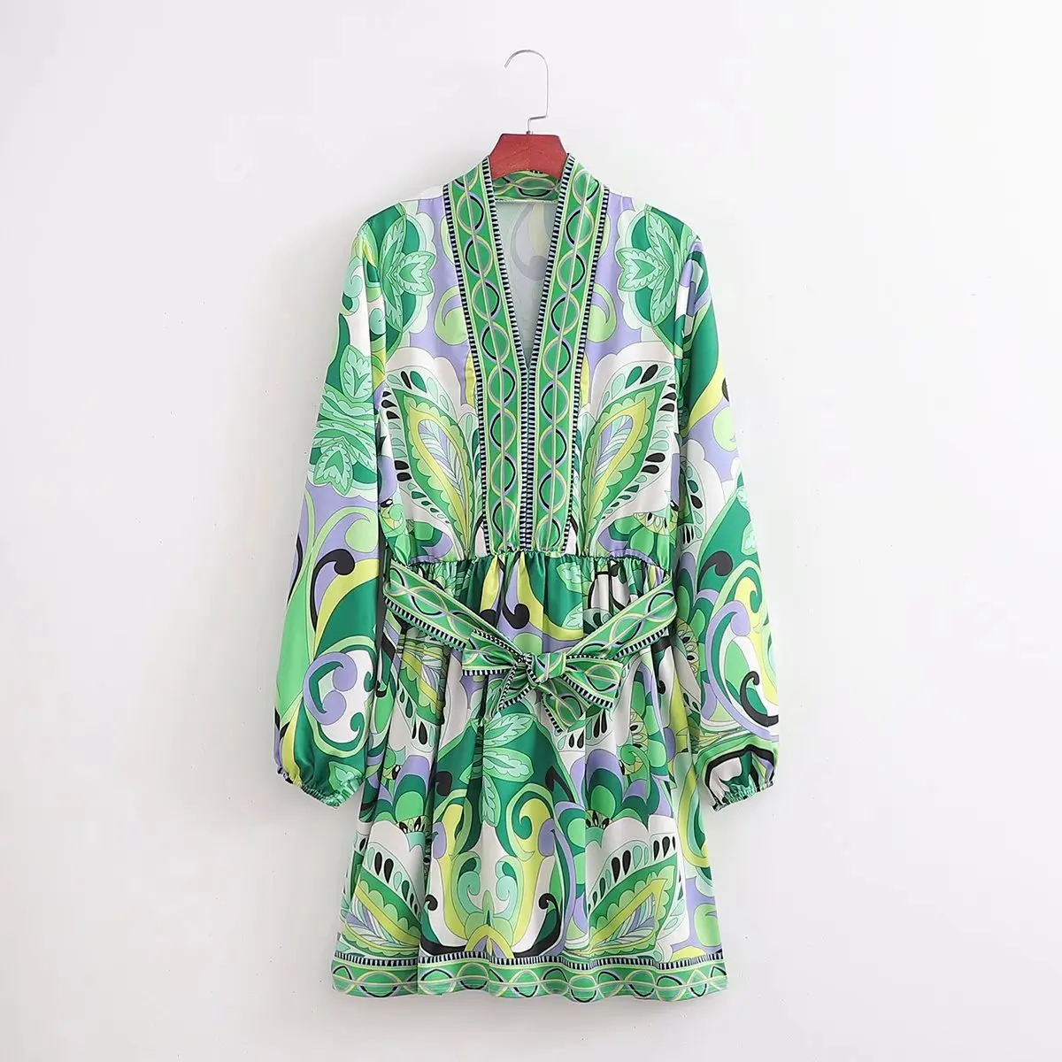 

2022 New Women Printed Dresses With Belt Elegant V-neck Party A-line Vestido Female Causal Vintage Outfit zomer jurkjes dames