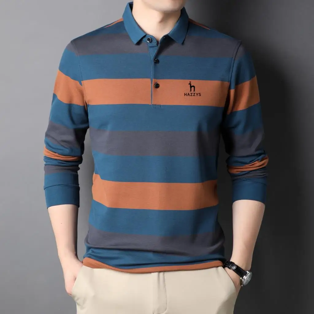 

Hazzys - Men's Striped Cotton T-shirt Long Sleeved Polo Casual and Comfortable Clothing 2023 New