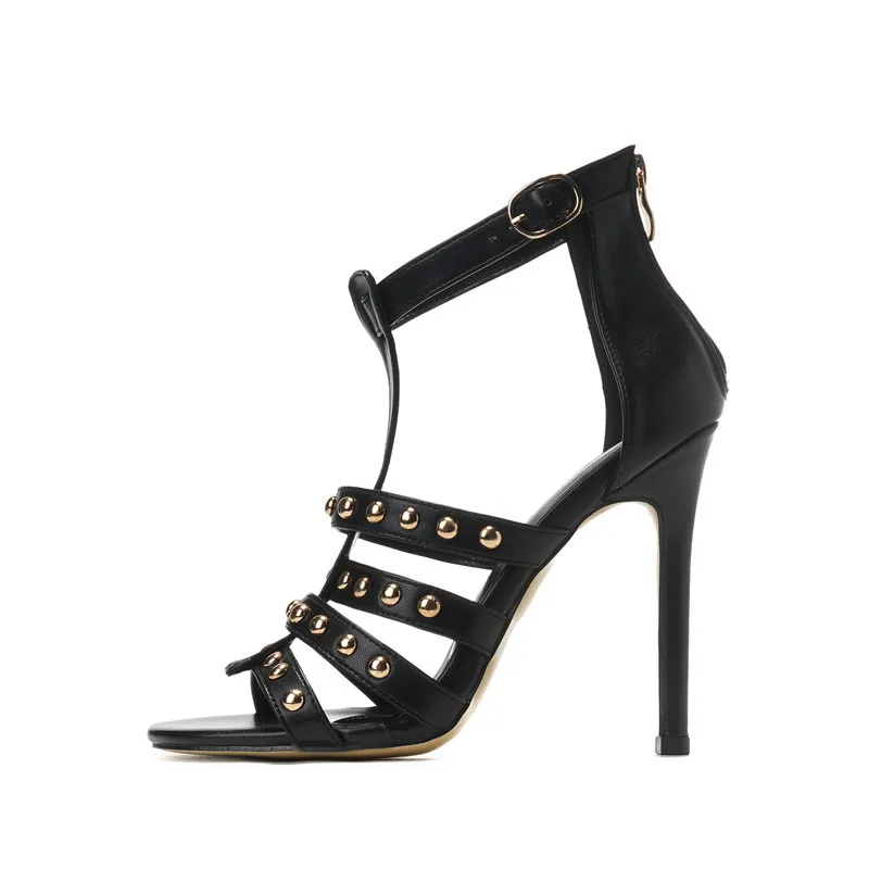 Stiletto Super High Heel Roman Gladiator Sandals Rivets Ankle Strap Balck Pu Peep Toe Sexy Summer Daily Wear Party Casual Shoes