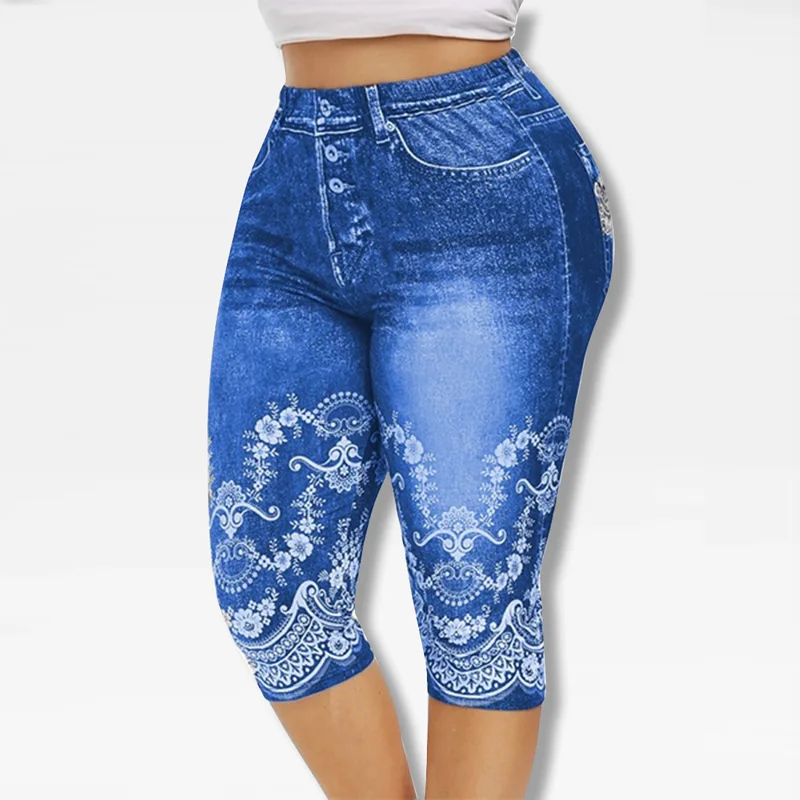 

Woman Legging Pants Stretch Short Imitation Denim Floral Printed Leggings Summer Breeches High Waist Perfect Fit Jeggings 5XL
