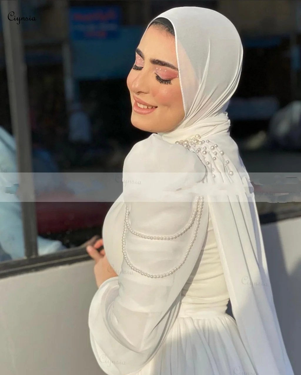 Ciynsia Eleagnt A Line White Wedding Dresses Vestidos De Novia High Neck Long Sleeves Chiffon Pearls Muslim Hijab Bridal Gown