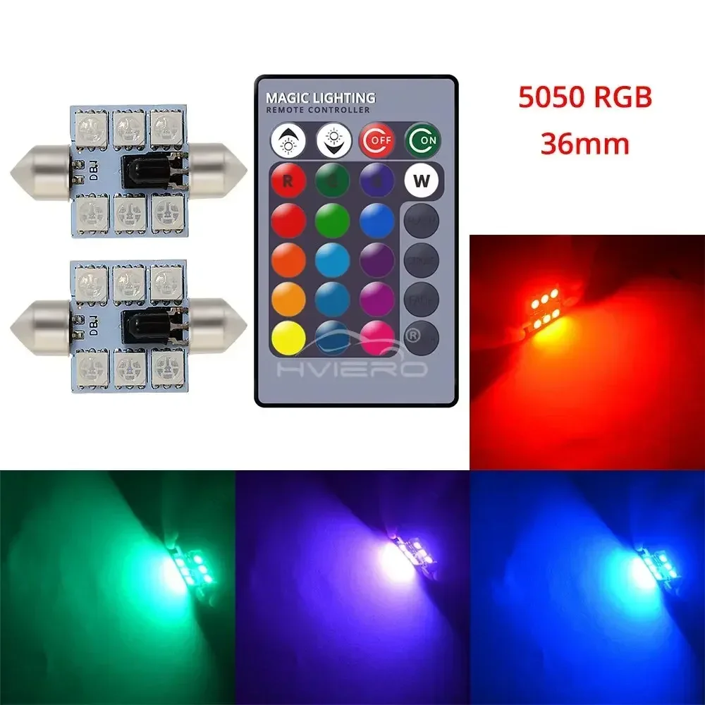 

2 шт. RGB автомобильный светодиодный светильник C5W 5050 6SMD DC 12 В гирлянда купола двери многоцветный пульт дистанционного управления лампа для чтения багажника на крыше клиновые лампы