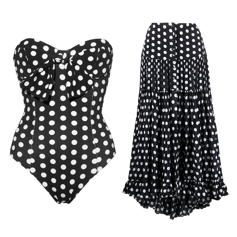 

Women's One Piece Swimsuit, White Colorblock Printed Swimwear, Bow Design Square Neck Bikinis Set, Bathing Suit With Cover Up