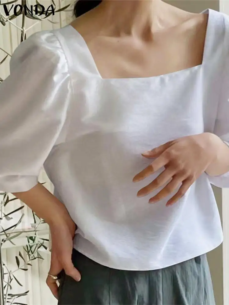 

Элегантные рубашки 2023 VONDA, модная женская сексуальная блузка с квадратным воротником и рукавами-фонариками, Женские однотонные топы, блузы большого размера