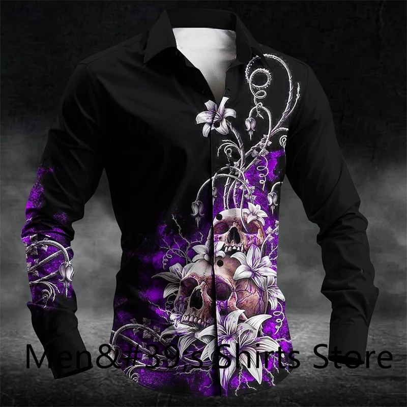 Рубашка мужская с длинным рукавом блуза цветочным принтом черепа на пуговицах