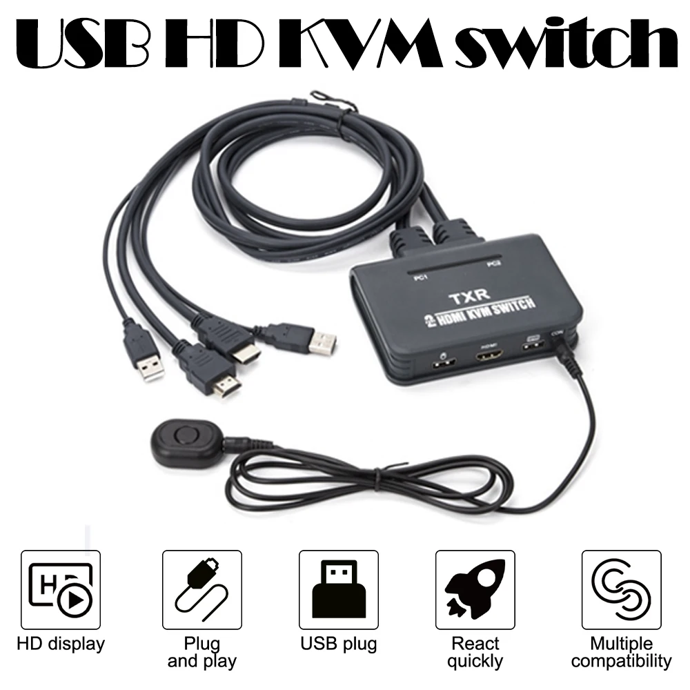 

2 Port USB KVM HDMI-Compatible Switch with Cables Selector Switcher for 2 PC Share One Monitor Keyboard Mouse