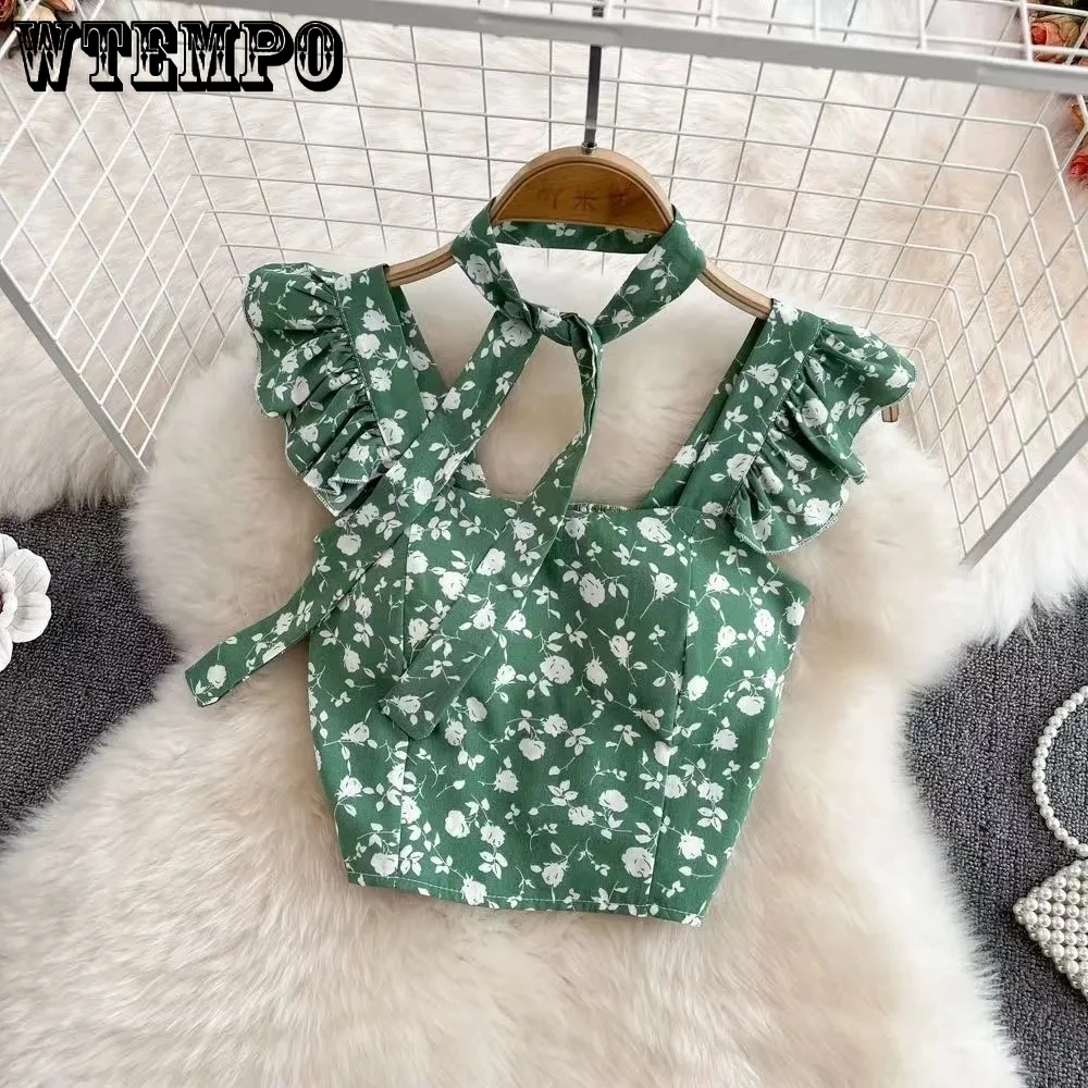 

Цветочный Топ в стиле ретро, летние зеленые укороченные топы для женщин, с оборками на завязках, шикарный короткий корсет на бретелях, модный сексуальный Y2K, женская футболка