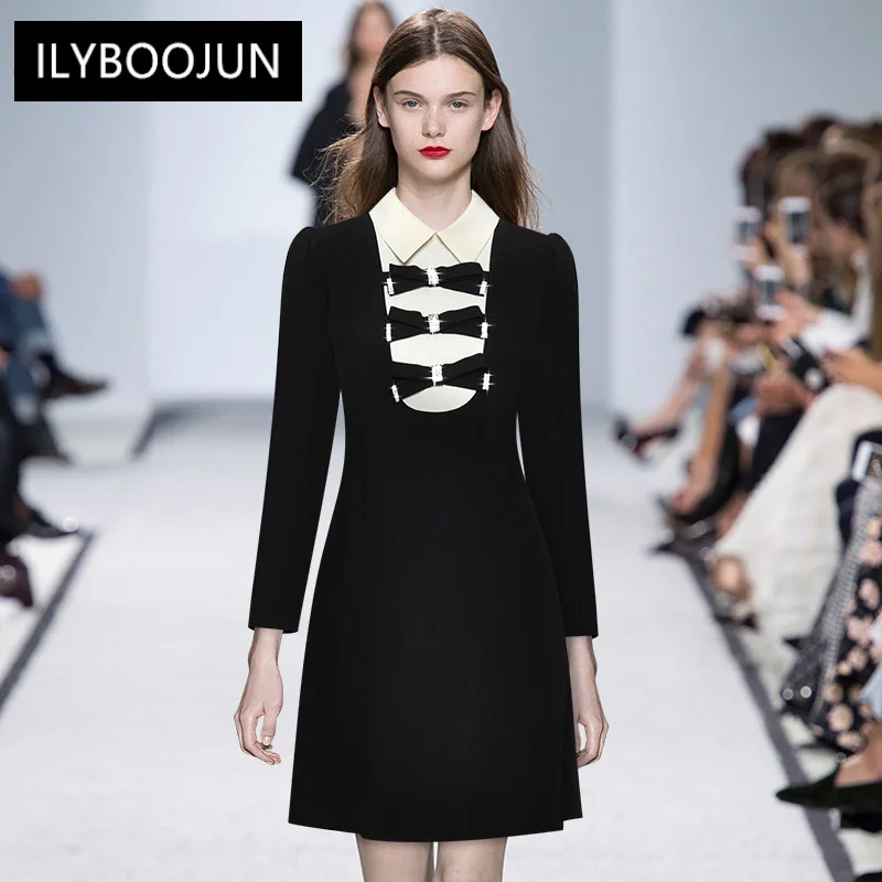 

Fashion Runway dress Spring Women Dress Turn-down Collar Long sleeve Bow Beading Slim Ladies Black Dress