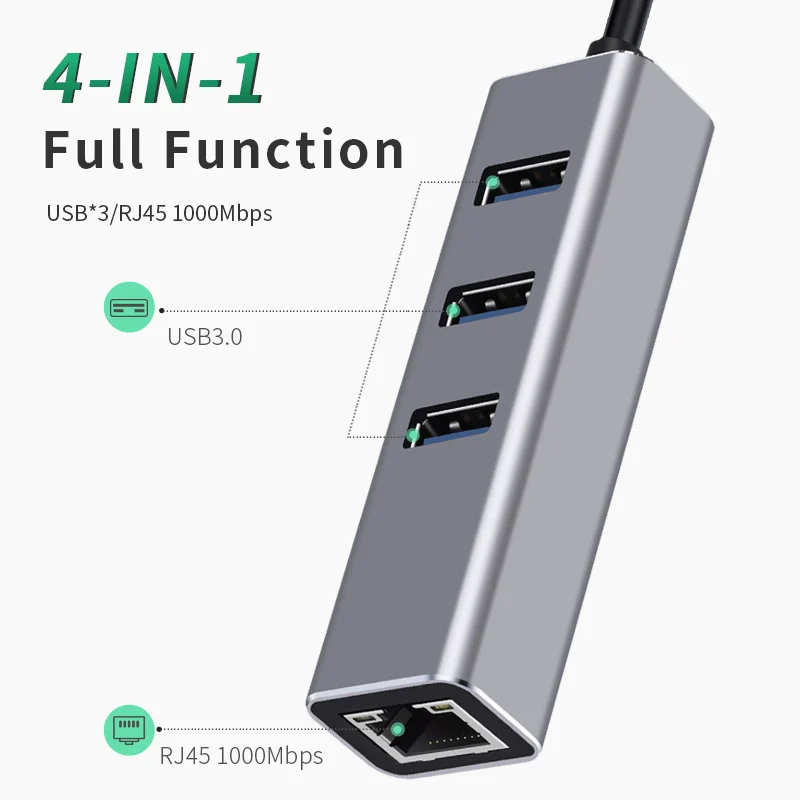 

USB 3.0 HUB 3 Ports USB 3.0 Type C to Ethernet Network Adapter 1000Mbps Rj45 for MacBook Laptop Computer Accessories