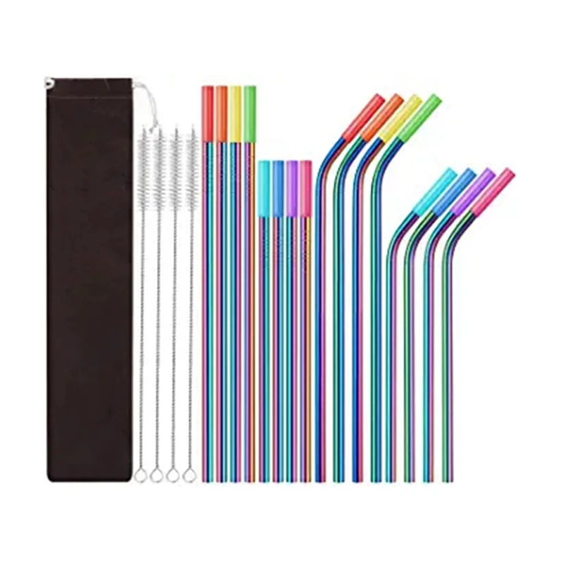 

16 Pack Rainbow Color Reusable Metal Straws With Silicone Tip Colored Long Stainless Steel Straws Drinking Straw