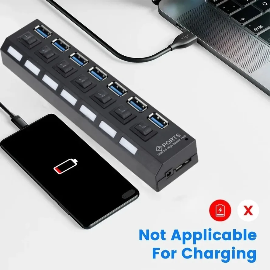 Фото USB-концентратор 3.0 2.0 Адаптер-расширитель Высокоскоростной 7-портовый разветвитель нескольких USB-разветвителей с несколькими USB-удлинителями со светодиодной лампой для ПК, ноутбука №3