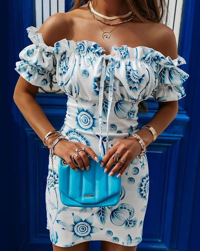 

Summer Fashion One Shoulder Floral Print Edible Tree Fungus Dresses Sexy Bandage Short Sleeve Hip Wrapped Mini Dress For Women