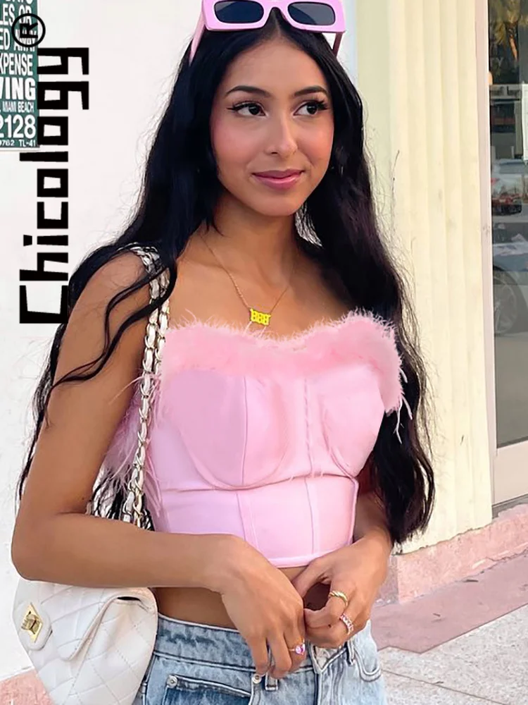 Chicology 2022 женский укороченный Топ без бретелек с перьями однотонный корсет Y2K