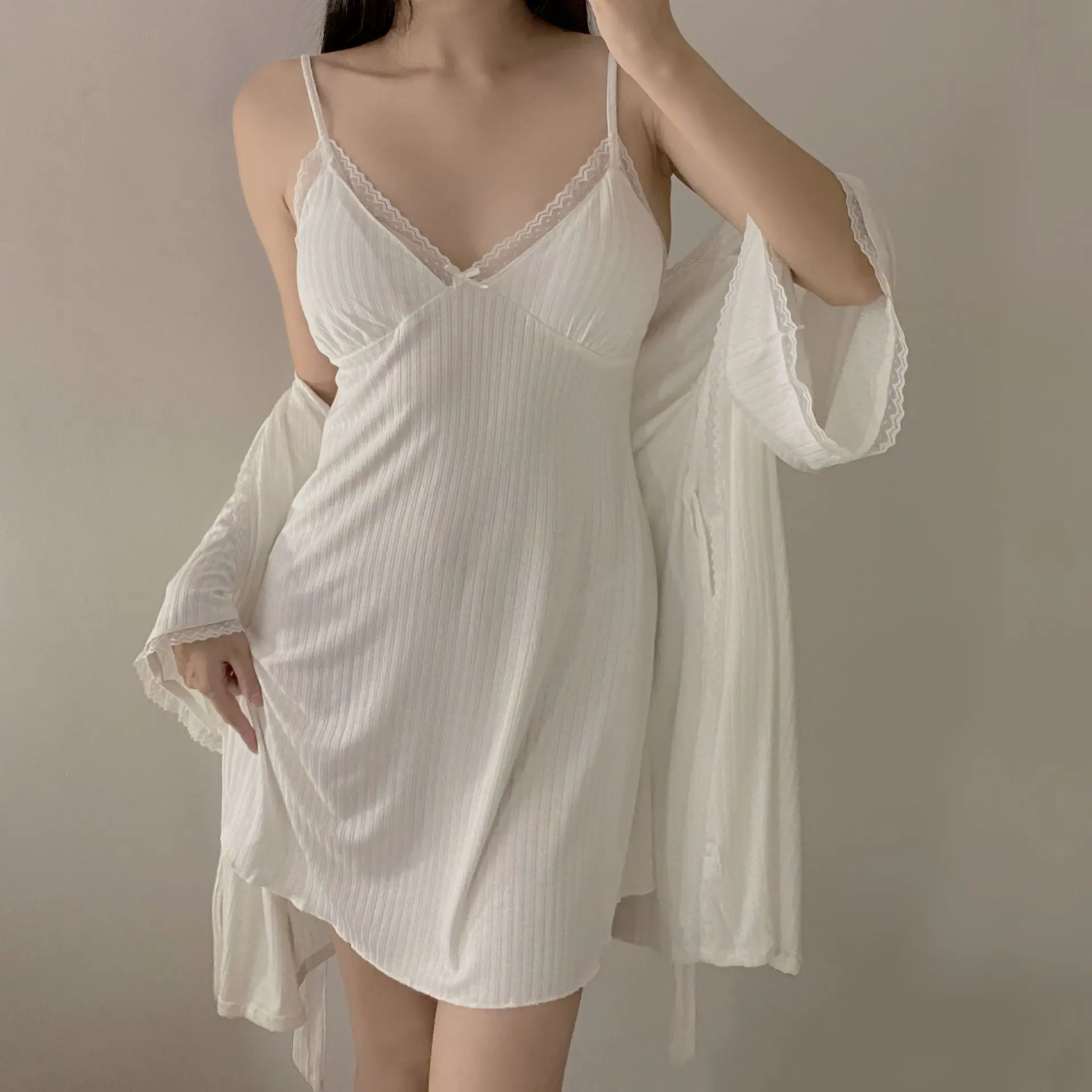 

Summer Women Cotton Sleepwear Nightdress Bride Wedding 2PCS Modal Robe Gown Set Kimono Bathrobe Suit Loungewear Home Clothes