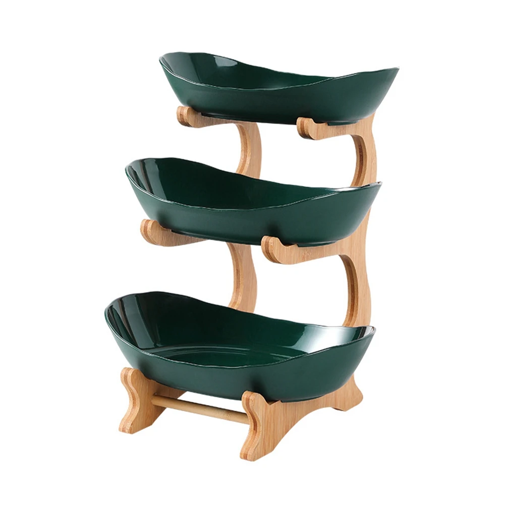 

3 Tiers Fruit Plates with Wood Holder Party Food Serving Display Stand Cake Tray Candy Oval Serving Bowls for Home-A