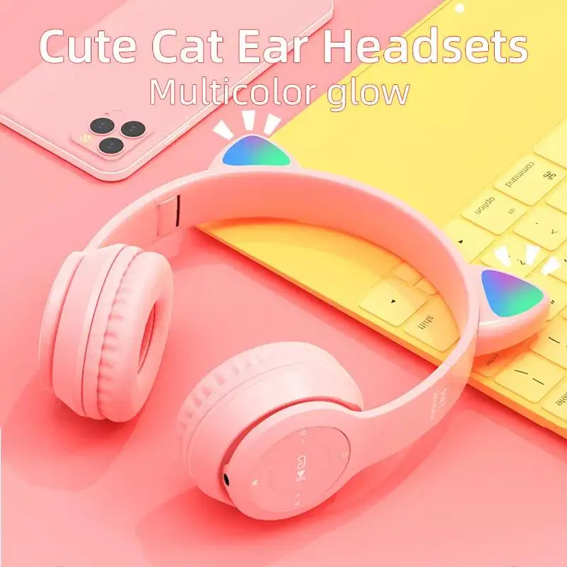 Big Wireless Headphones Cute Cat Ear LED Light Bluetooth Earphones Foldable Headphone Over Ear Wired Headset for Smartphone PC