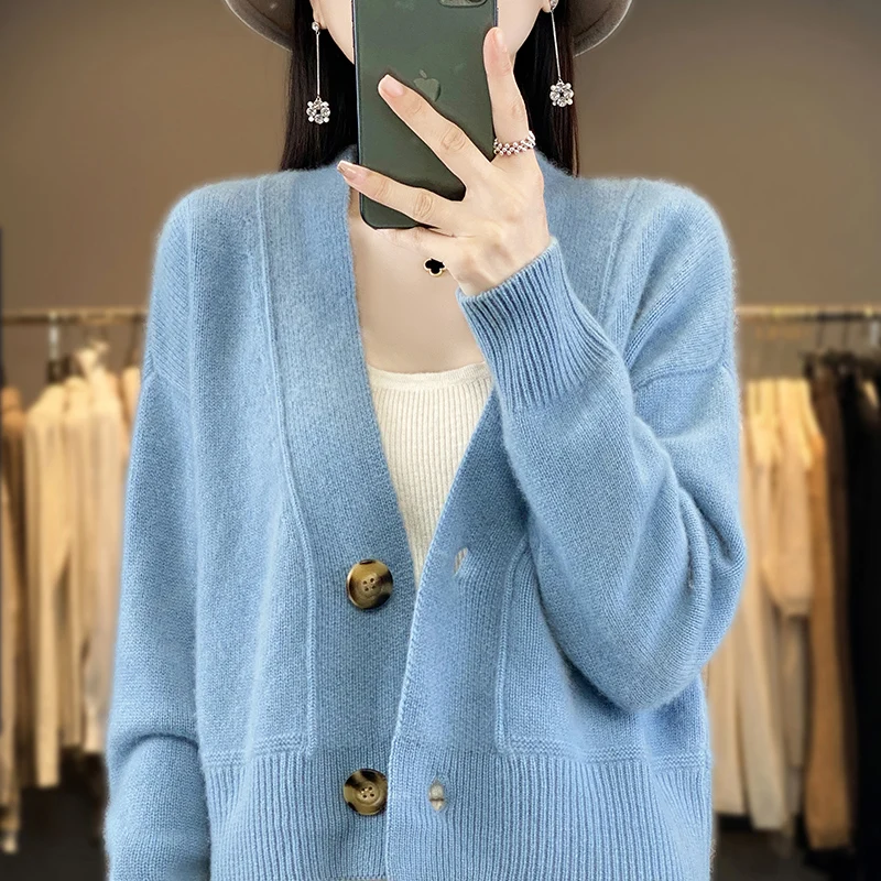 Женский вязаный кардиган с V-образным вырезом однотонный свободный свитер из