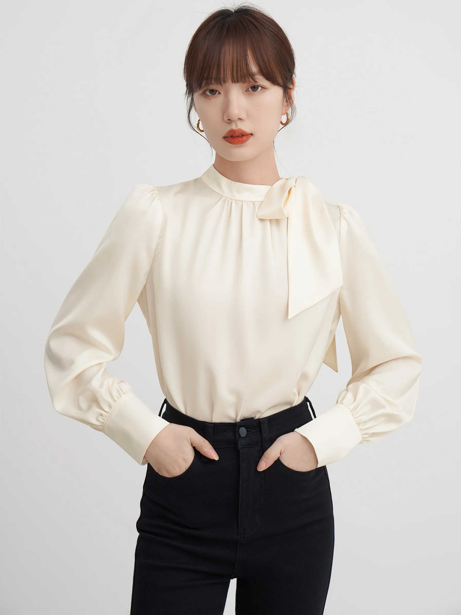 

2023 Satin New Left Neck Lace Up Shirt Women's Autumn Long Sleeve Cuff Button Texture Fashion Office Dress