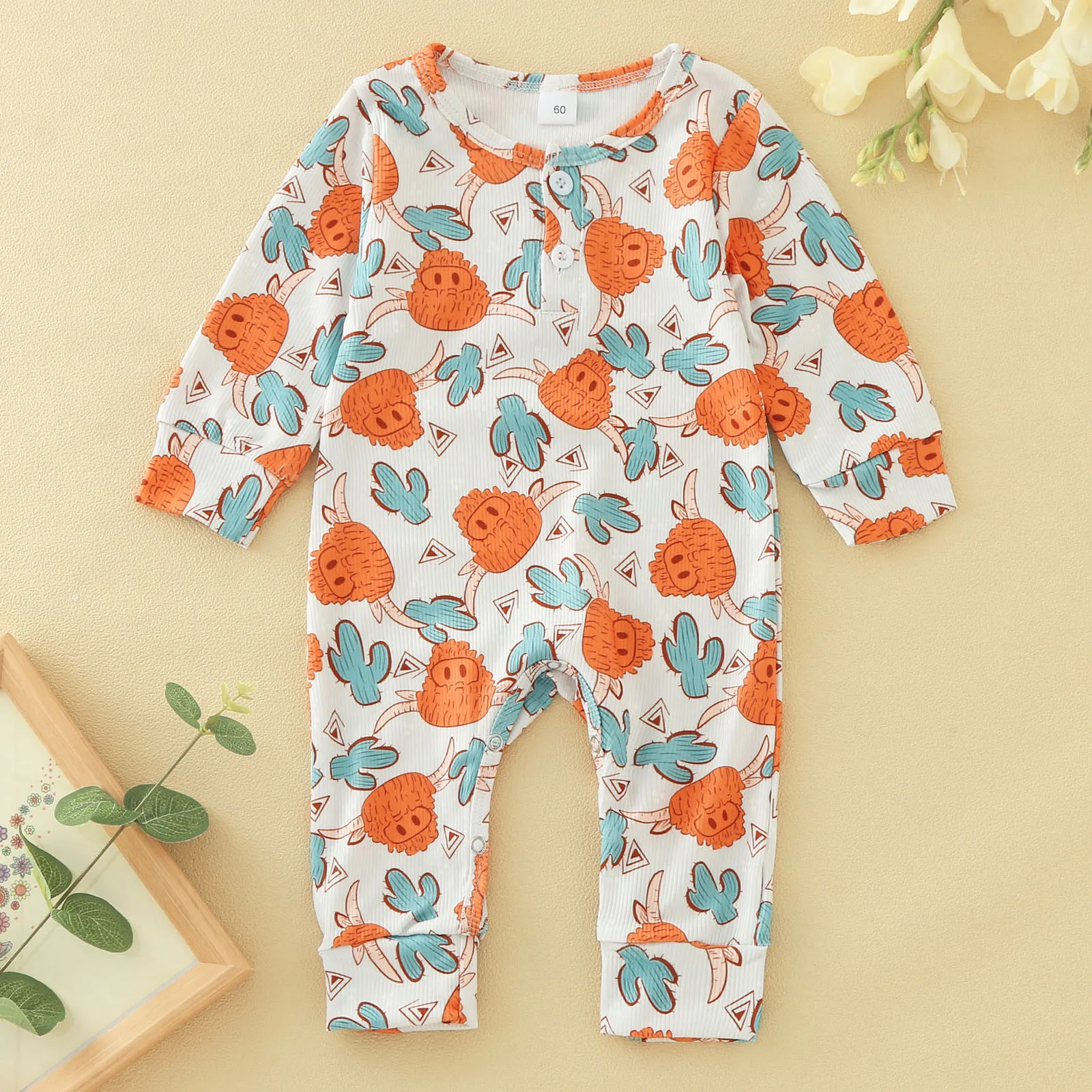 

Baby Boys Girls Romper Playsuit Newborn Infant Cartoon Cow Cactus Prints Overalls Winter Long Sleeve Newborn Ribbed Jumpsuit