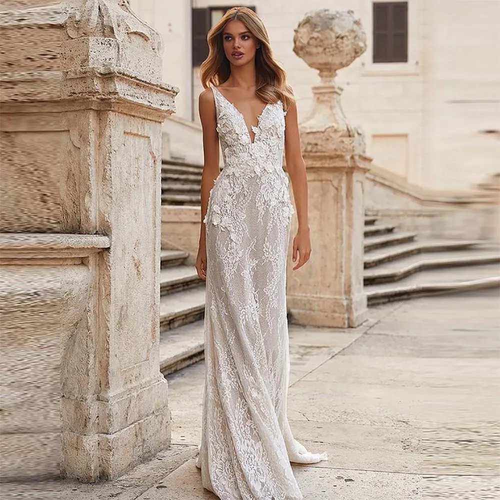 

Sevintage Boho Mermaid Wedding Dresses Embroidery Lace Appliques 3D Flowers Sleeveless vestidos de novia Bohemia Bridal Gowns