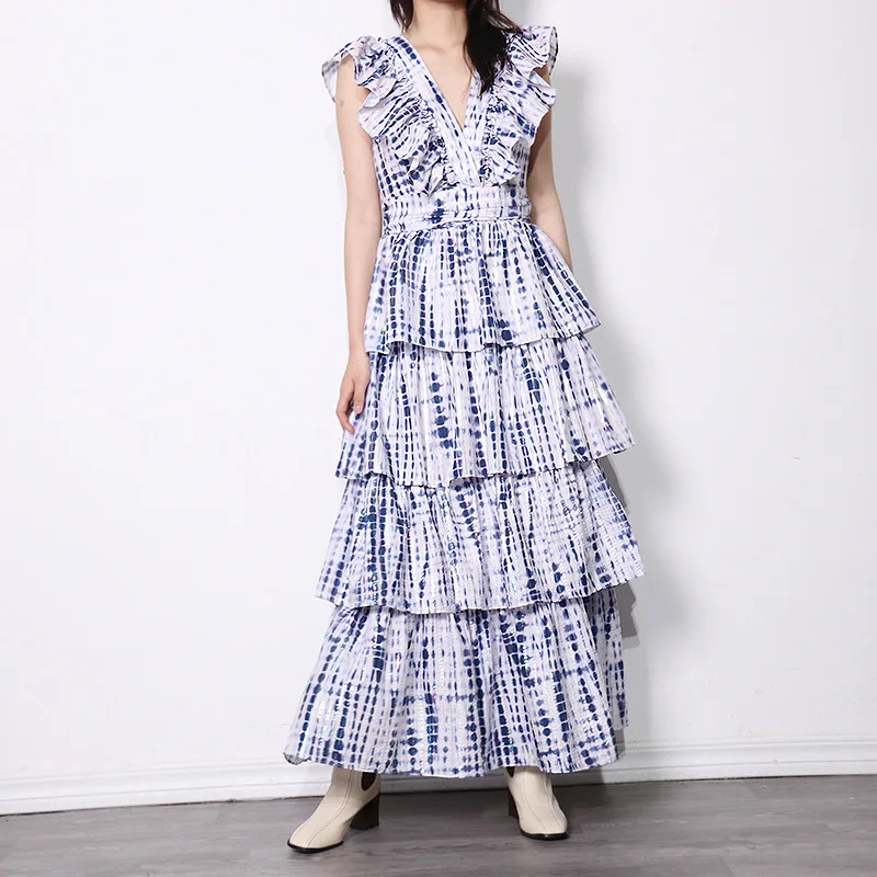 

Runway Designers Vintage Printed Pleated Long Dresses for Women 2022 Summer Elegant Ruffles Maxi Dress Vestido Feminino