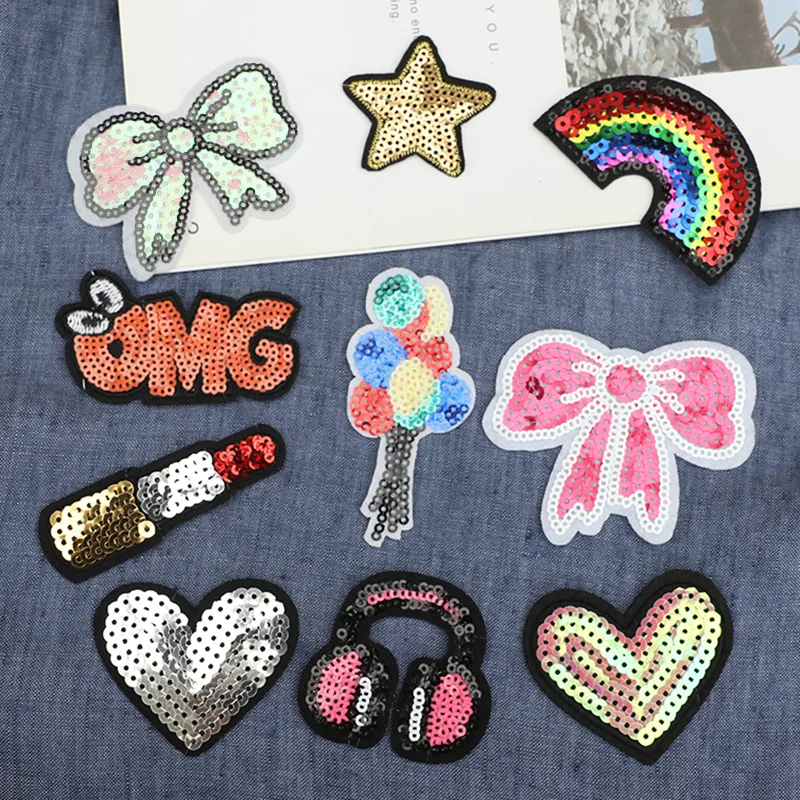 

Fashion Rainbow Bowknot Heart Sequin Embroidery Badge Clothing Bag Shoes and Hats Repair Accessories Ironing for Patches