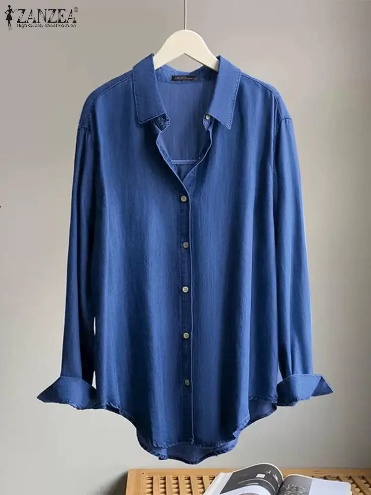 

Женская джинсовая рубашка ZANZEA, синяя Офисная Женская одежда для работы, Повседневная Блузка с длинным рукавом и пуговицами, большие размеры...