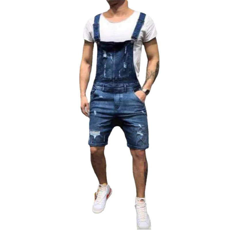 New Denim Bib Ripped Jeans Slim Streetwear Men's Shorts Cargo Pants Summer Fashion High Street Knee Length Overalls