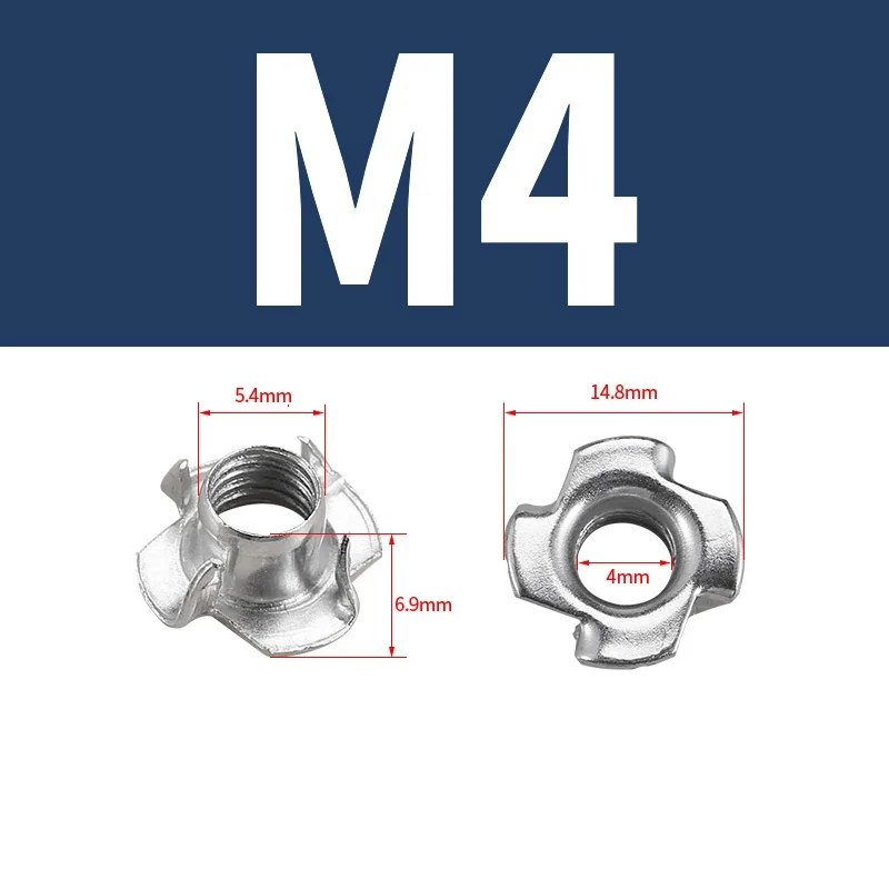 

Гайка M3 M4 M5 M6 M8 M10 с четырьмя зажимами, Т-образная гайка, вставка для слепых зубцов, тройная гайка, оцинкованная мебельная фурнитура, гайка с инкрустацией по дереву